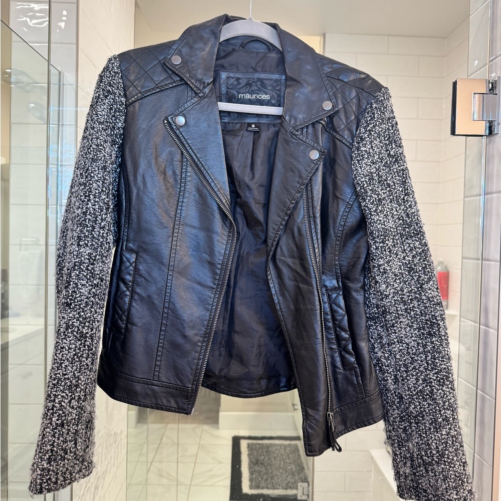 Maurices Black faux Leather Jacket with Gray Twill Sleeves